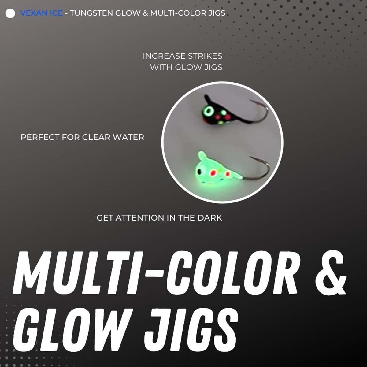 Vexan 6-Pack Tungsten Ice Fishing Jigs Glow Black & White Wonderbread (2g, 6mm, #10 Hook)