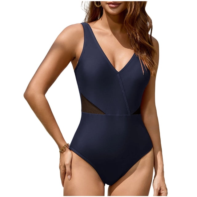 FRSASU Womens Solid Color One Piece Swimsuits Athletic Training Swimwear Slim Fit Surfing Bathing Suits Navy S(S)