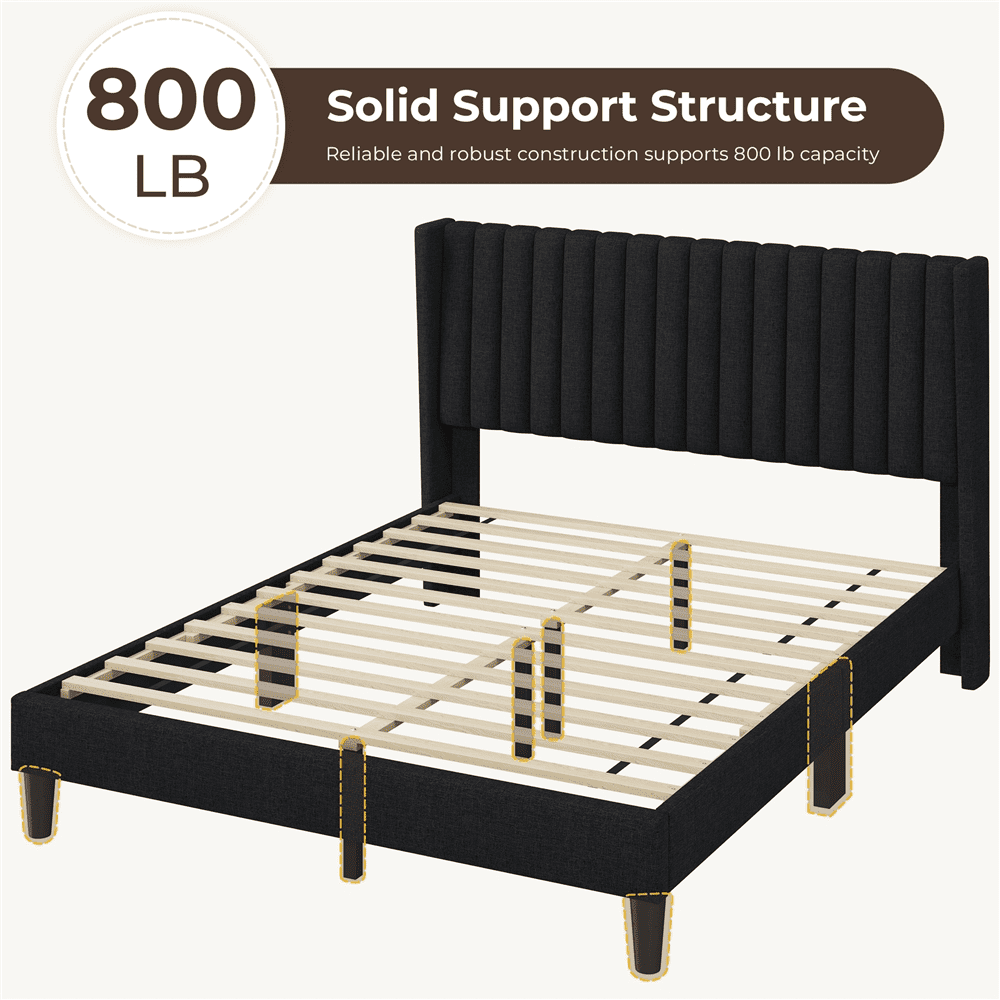 Renwick Upholstered Platform Bed Frame with Wing Side and Channel Tufted Headboard, Queen, Black