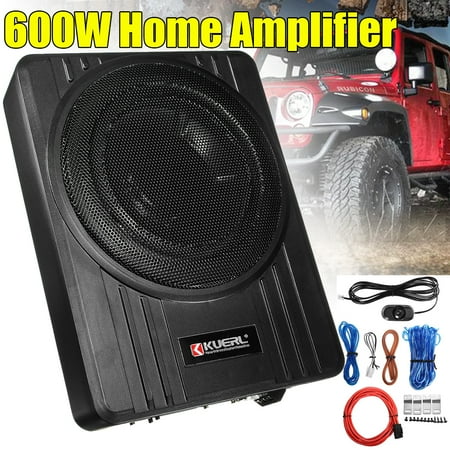 10' 600W 4Ω Car Audio Slim Under hifispeaker Seat Active Powered Enclosure Subwoofer Amplifier + Wire