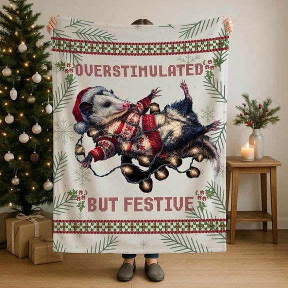 Cute Possum Velveteen Sherpa Throw Blanket, Festive Kids Winter Christmas Blanket for Possum & Animal Lovers, Soft Nature Gift for Overstimulated Kids