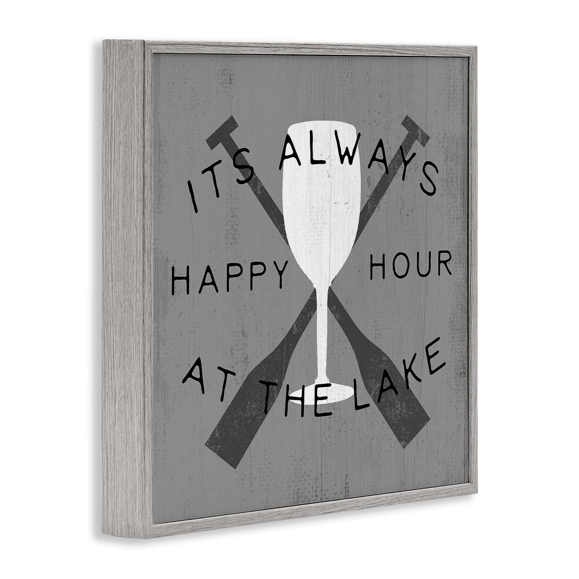 Stupell Industries Always Happy Hour At Lake Typography Painting Gray Framed Art Print Wall Art, 24 x 24