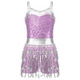 thumbnail image 3 of YiZYiF Kids Girls Sequin Fringe Boyleg Jumpsuit Adjustable Straps Shiny Metallic Latin Dance Cha-cha Dance Leotard Lavender 10, 3 of 7