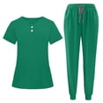 thumbnail image 3 of Women's Scrub Set Stretchy V Neck Short Sleeve Tops with Pockets Drawstring Jogger Pants Soft Comfortable Outfits for Nurses Work Green M, 3 of 9