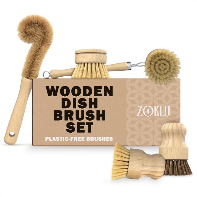 Juego de cepillos para platos ZOKLU, madera de bambú, 5 piezas, para limpieza de cocina