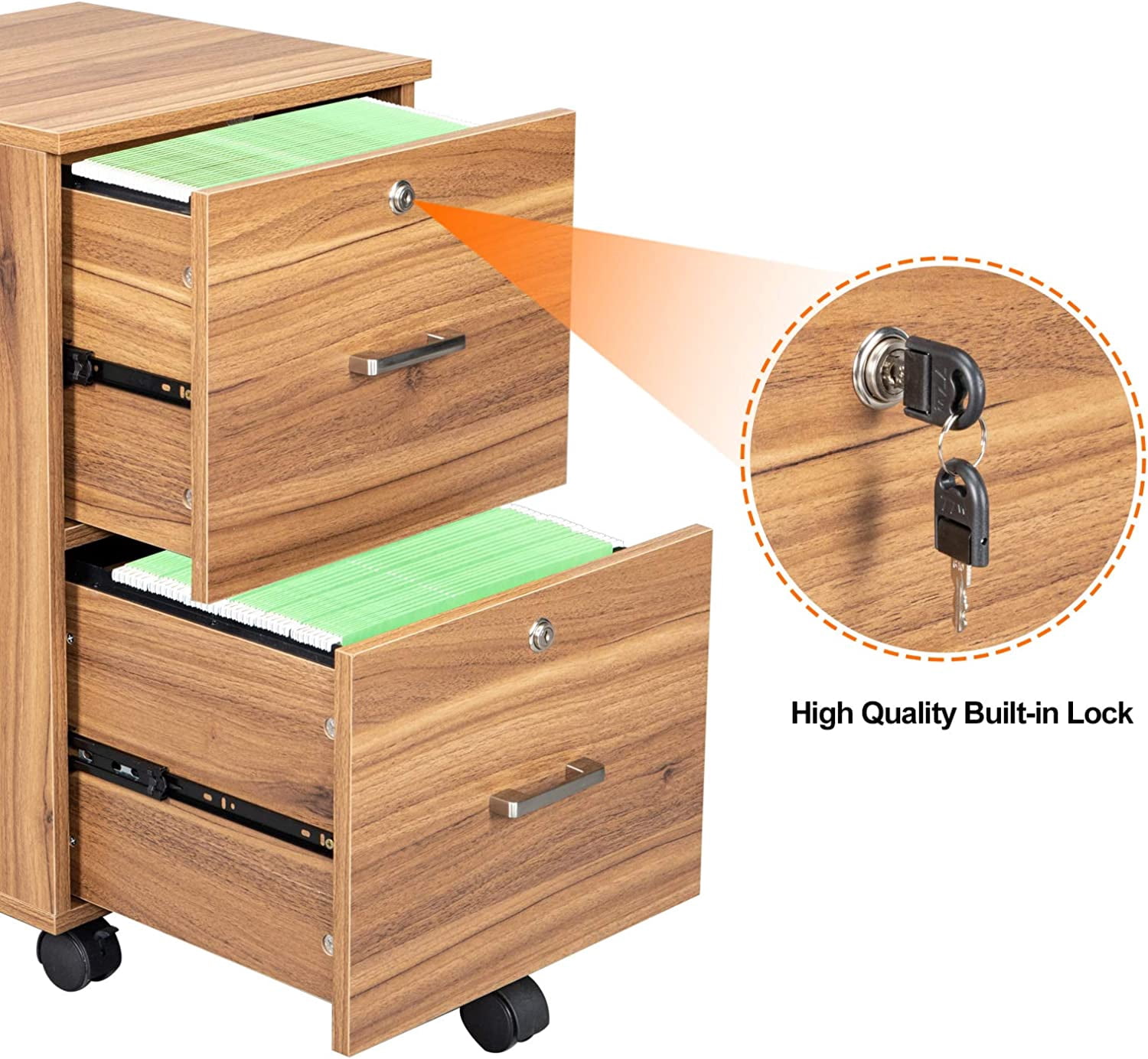 VINGLI 2-Drawer Rolling File Cabinet with Lock, Letter Size Wood Mobile Filing Cabinet Under Desk for Home Office, Walnut, 26.5in
