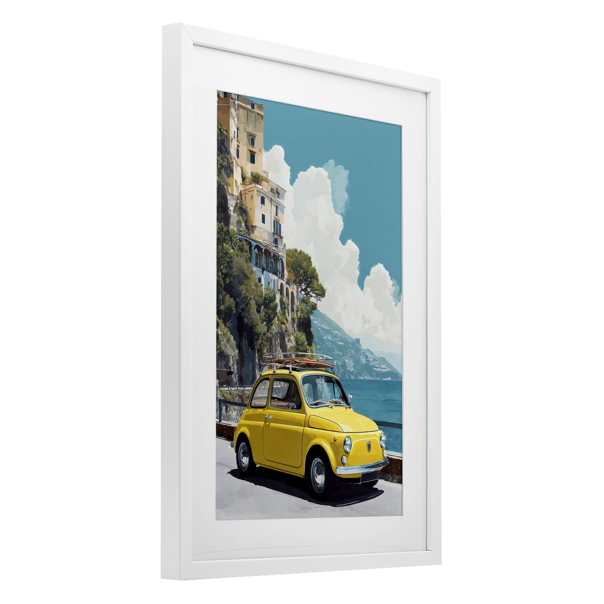 Stupell Industries Yellow Car on Coast White Framed Print Under Glass, design by Petal Prints Design
