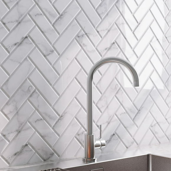 LaCheery 12"x12" Grey White Herringbone Peel and Stick Backsplash Tile White Glossy Marble Peel and Stick Backsplash for Kitchen Bathroom Backsplash Tiles Self Adhesive Wall Tiles Waterproof 4 Tiles