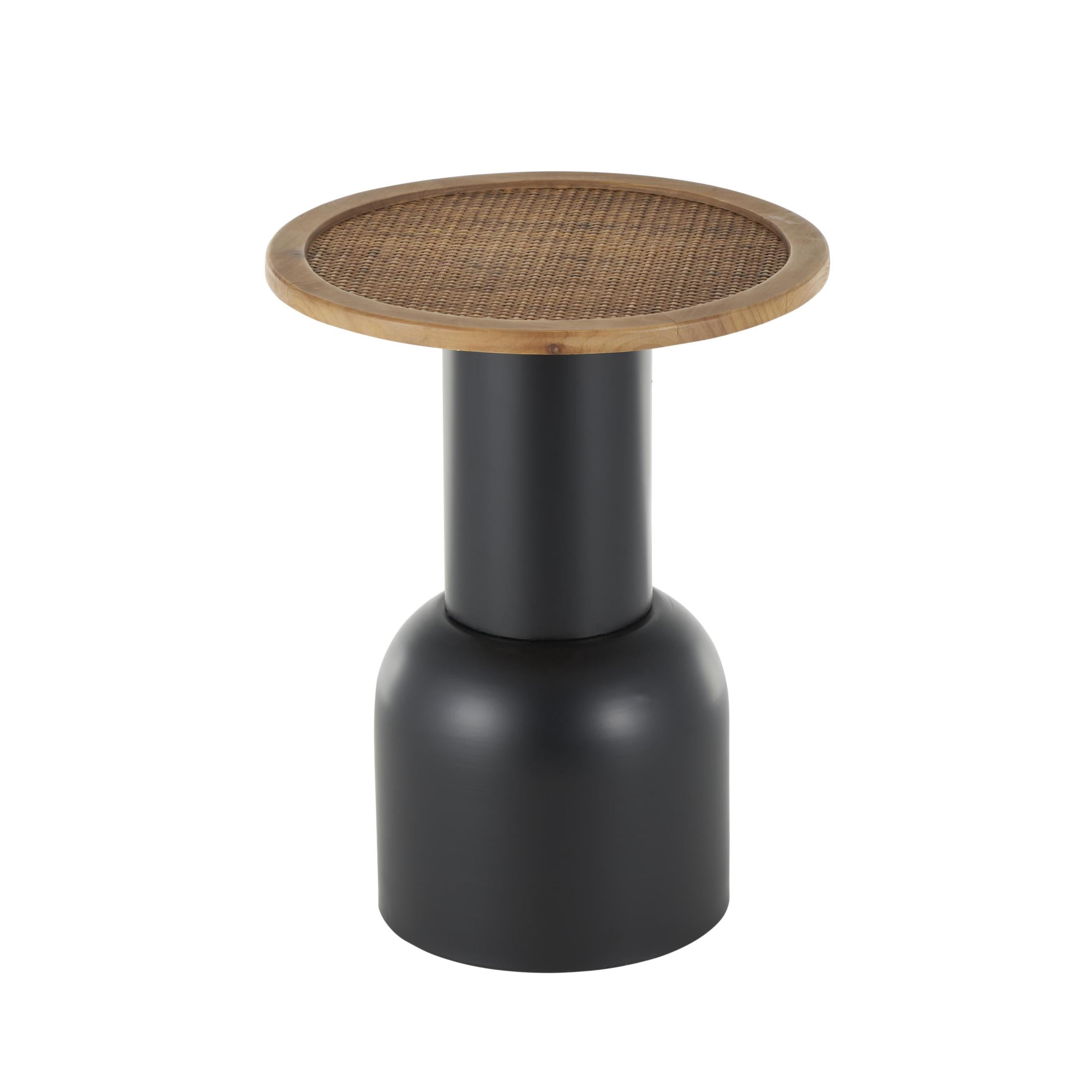 DecMode 16" x 20" Black Metal Handmade Pedestal Accent Table with Brown Rattan Tabletop, 1-Piece