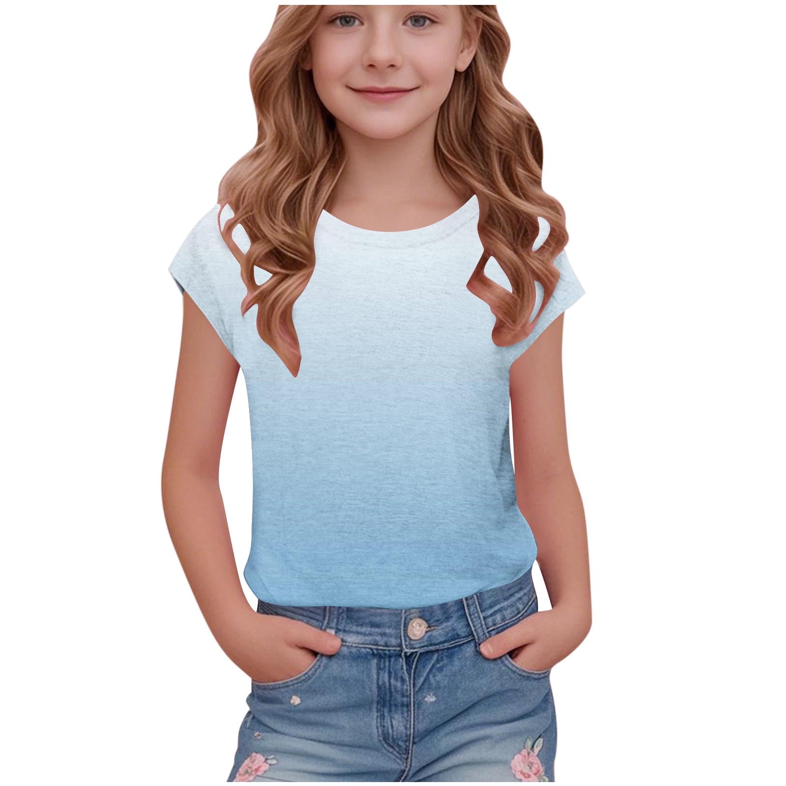 Ashirexll Shirts for Girls Summer Tops Childrens Printed Round Neck Short Sleeve School Blouse Playful Graphic T-shirts