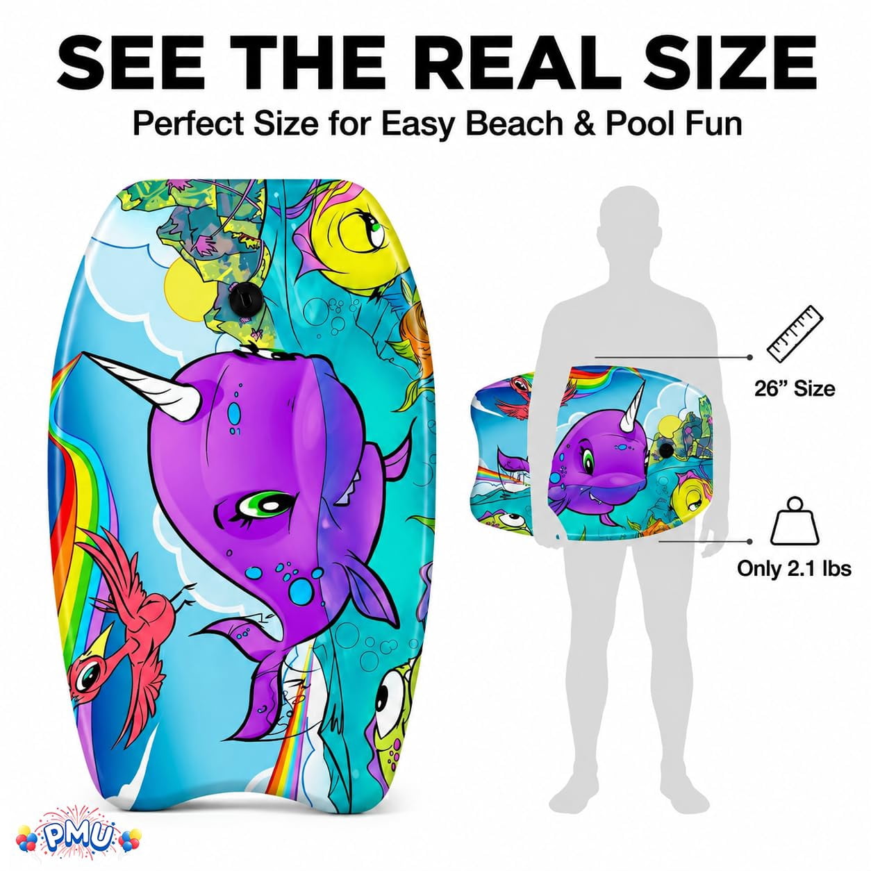 PMU 26in Purple Whale Printed Bodyboard with Wrist Leash for Beach