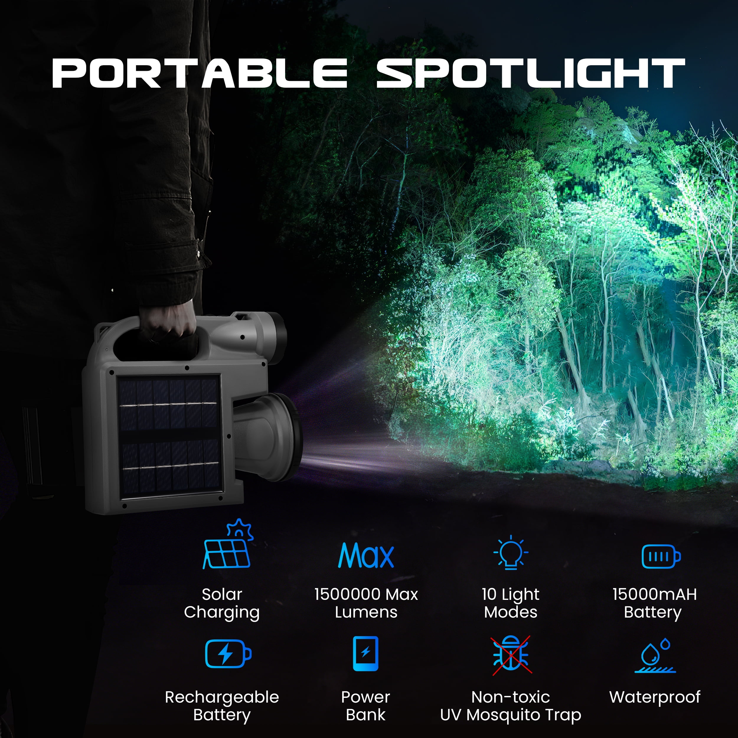 YTAKY Spotlight Flashlight, 1500,000 lumens and 10 light modes, IP67 waterproof and drop resistant rechargeable spotlight, solar charging and mobile power, outdoor adventure, emergency use
