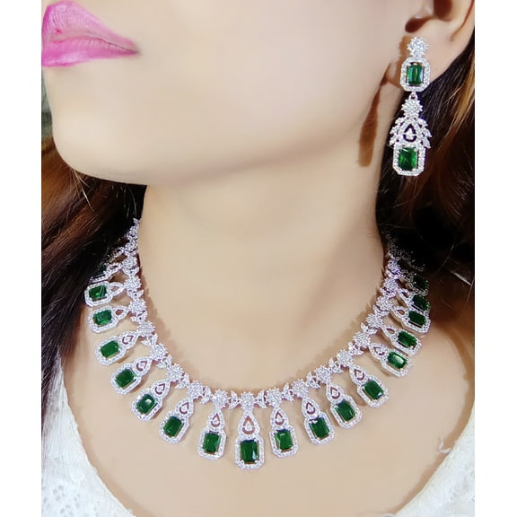 Luxurious American Diamond Layered Necklace Head Ornament & Earrings for Party Wear