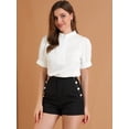 thumbnail image 3 of INSPIRE CHIC Tops de blusa de trabajo con cuello redondo y mangas cortas con tapeta de medio botón con volantes para mujer blanco XS, 3 of 6
