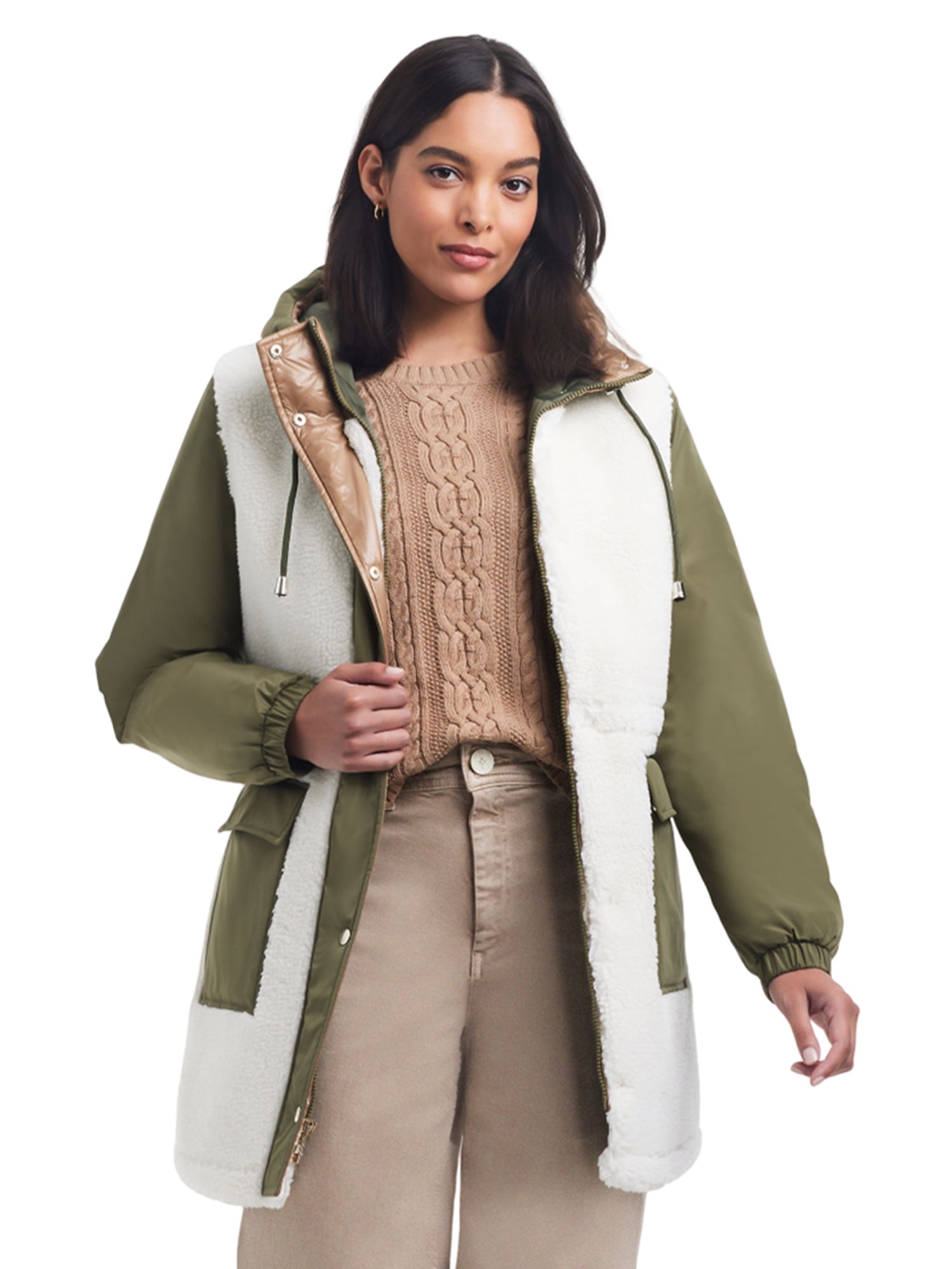 Sam & Libby Ladies Long Sleeve Mid-Length Parka with Sherpa Panels