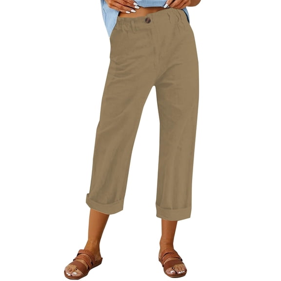 YIFUNIN Women's Fashion High Waisted Cotton Linen Straight Leg Pants, Loose Fit Solid Color Casual Trousers, Breathable Natural Fabric,Camel L