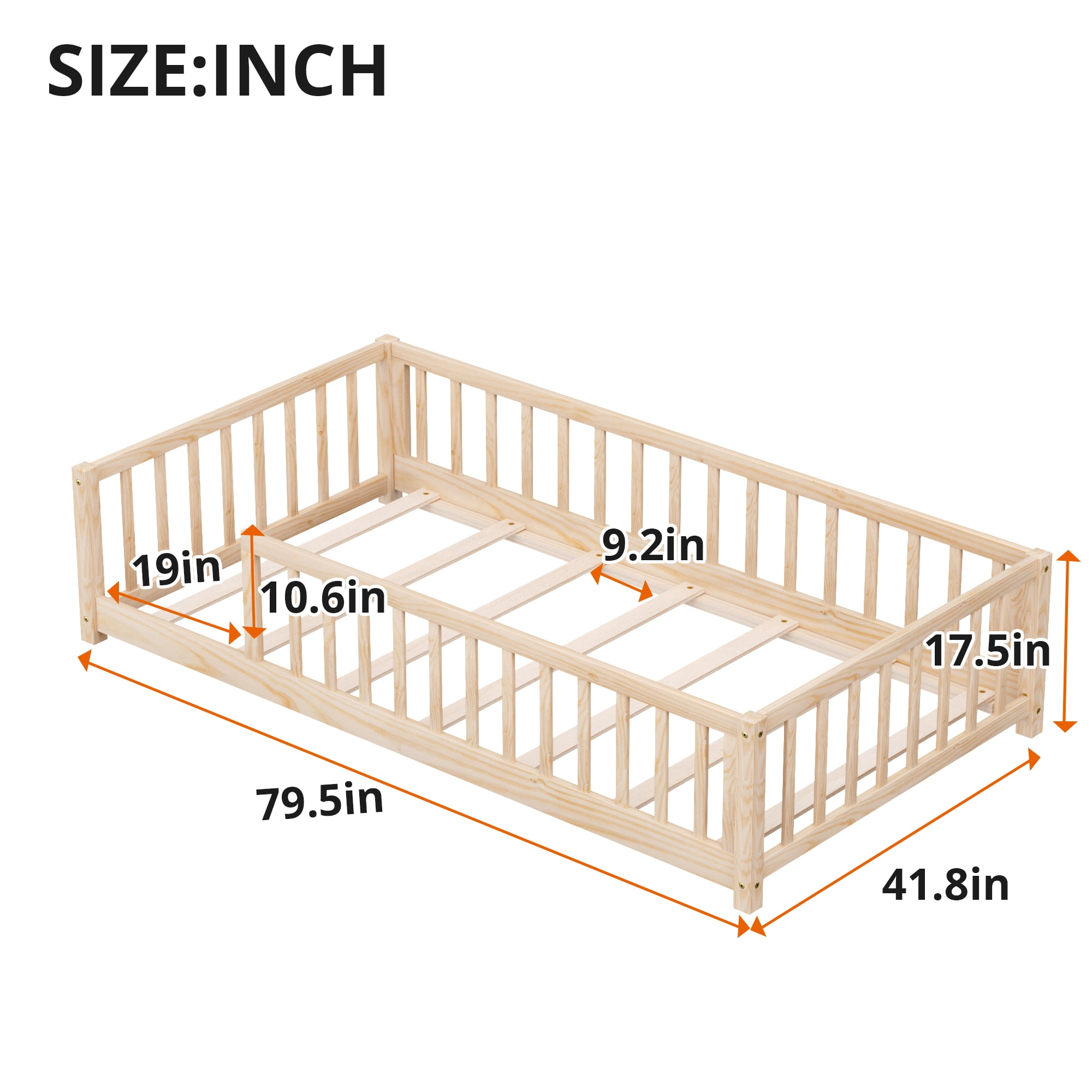 ARCTICSCORPION Montessori Kids Twin Size Modern Pinewood Floor bed with Fence, Natural