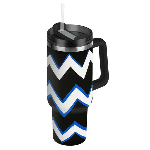 Blue and White Zigzag Insulated Tumblers 40oz Double-Walled Stainless Steel Handheld with Adjustable Handle