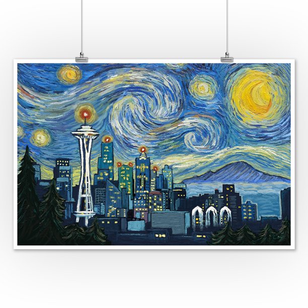 Download Seattle Washington Skyline Van Gogh Starry Night Lantern Press Artwork 12x18 Art Print Wall Decor Travel Poster Walmart Com Walmart Com
