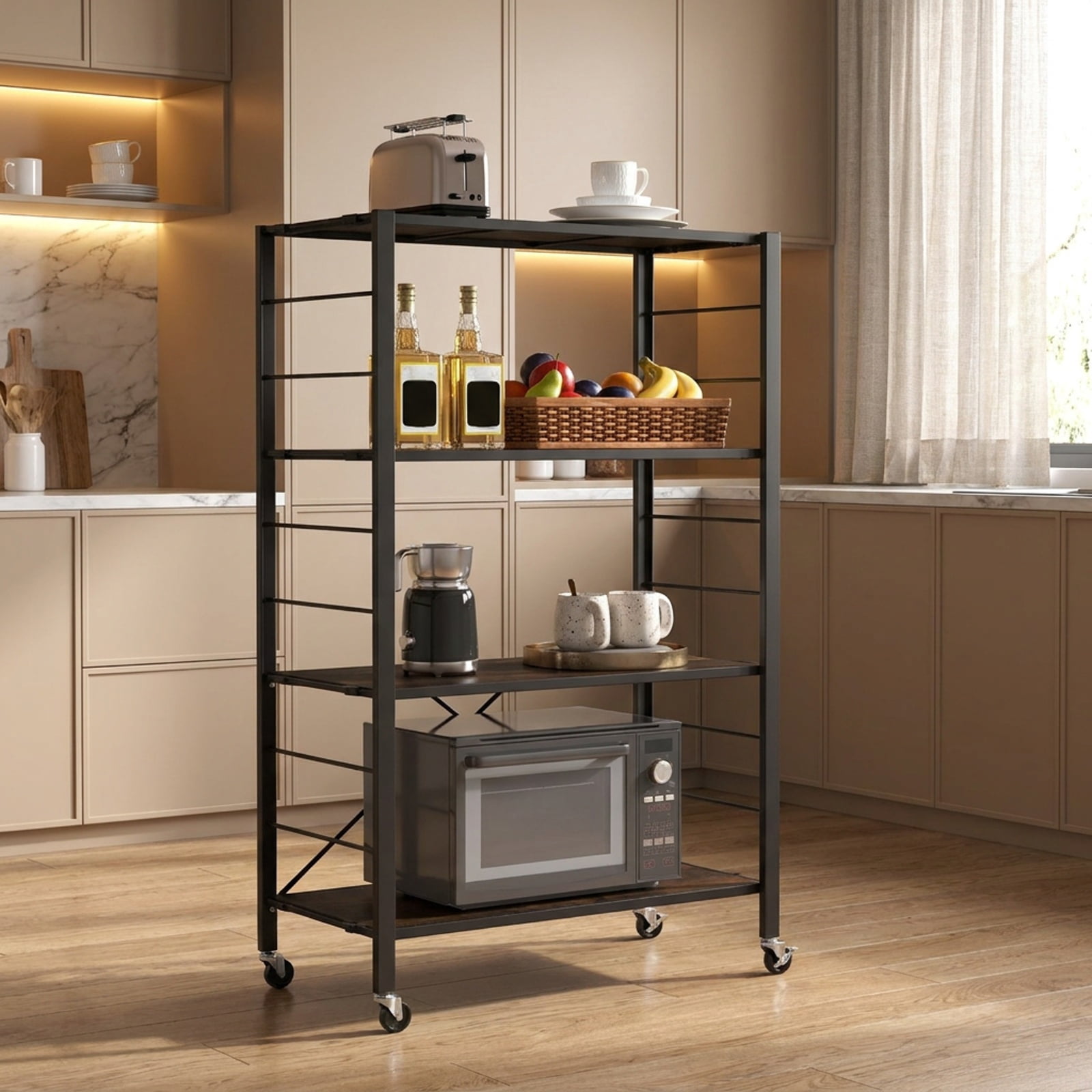RUIE 4-Tier Foldable Storage Shelf with Wheels, Rolling Utility Shelving Rack for Kitchen Living Room Tool Room, 180 lb Capacity, Black