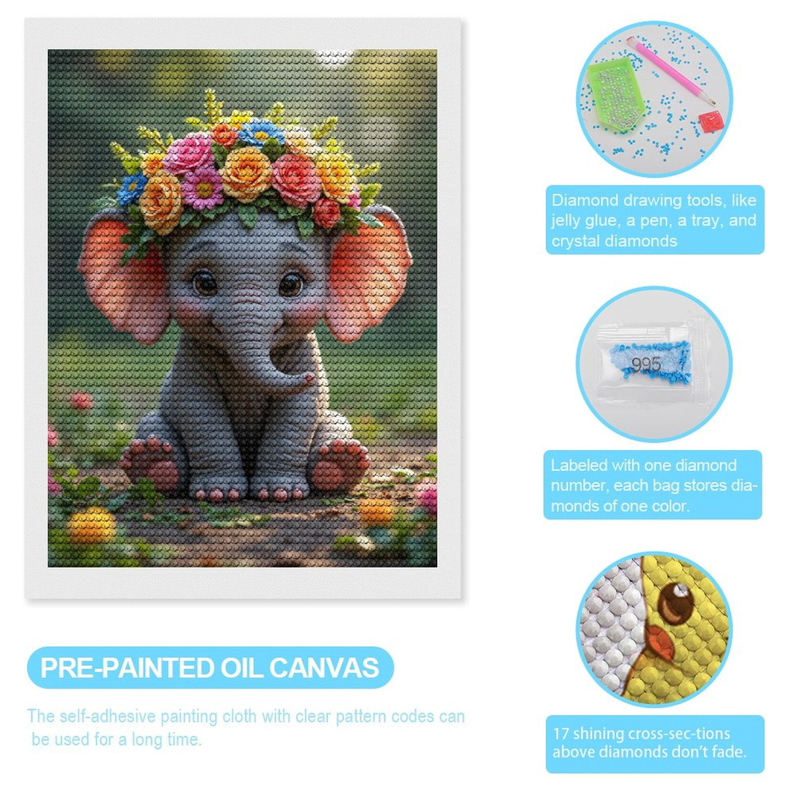 Diamond Art Kits for Adults, Elephant With Floral Headpiece 5D Diamond Painting Kits for Adults Beginners, DIY Full Drill Diamond Painting, Gem Art and Crafts 12x16