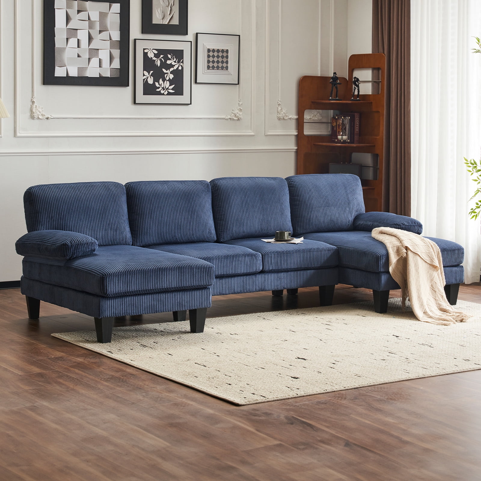 Ktaxon U-Shaped Sectional Sofa, 111 Inch Corduroy Couch, 4 Seat