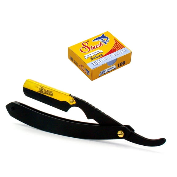 Classic Samurai CS-102 Matte Black Golden Head Stainless Steel Professional Barber Straight Edge Razor with 100 Shark Single Edge Razor Blades