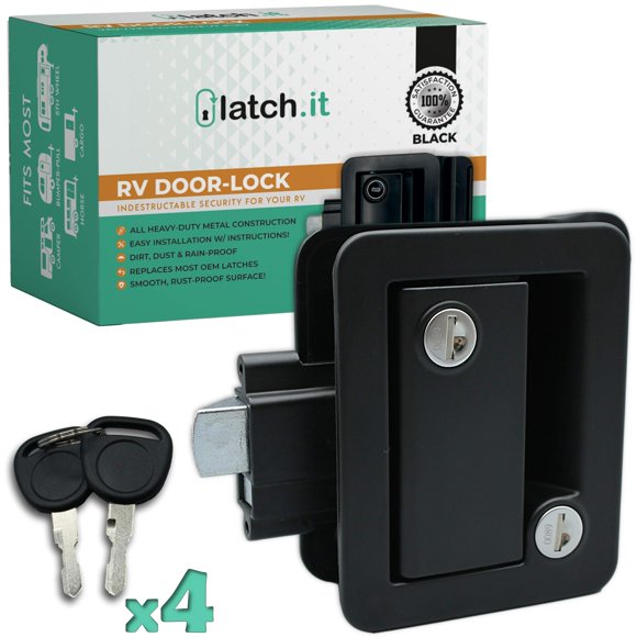 LATCH.IT Black RV Door Latch Door Locks for Travel Trailers 100% Metal Camper Door Lock 4 Camper Keys Door Lock Only Fits 2.75"x3.75" Door Lock Hole