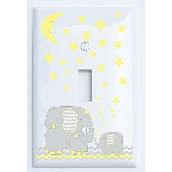 Yellow Elephant Light Switch Plate and Outlet Covers with Yellow Moon and Stars / Elephant Nursery Wall Decor with Grey and Yellow Chevrons Plates.