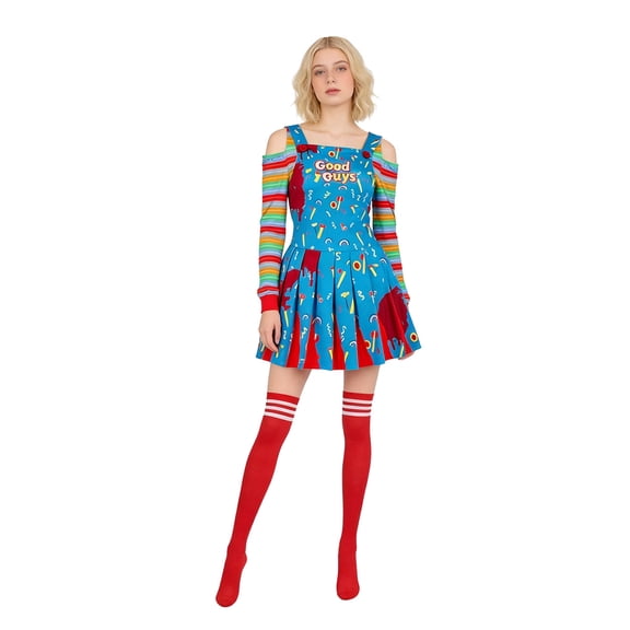 Creepy Doll-Inspired Overall Dress Halloween Cosplay Costume, Striped Sleeve Party Outfit for Themed Events