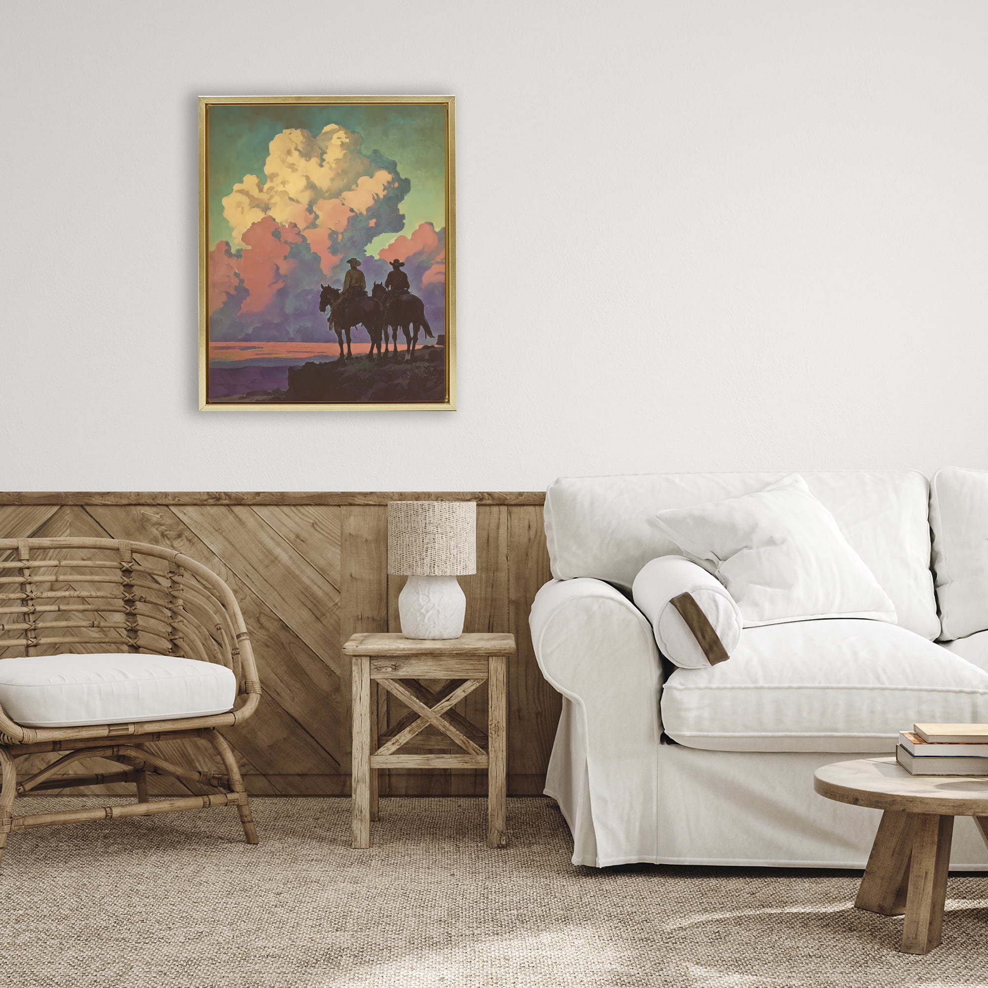 Stupell Industries Cowboys Silhouetted Against Clouds Gold Framed Floater Canvas Wall Art, design by Arlington Prints