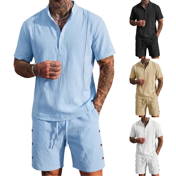 Havenre Men's 2 Pieces Linen Set Henley Shirt Short Sleeve Half Button V Neck Shirts and Drawstring Elasic Waist Shorts Summer Beach Yoga Matching Outfits White M