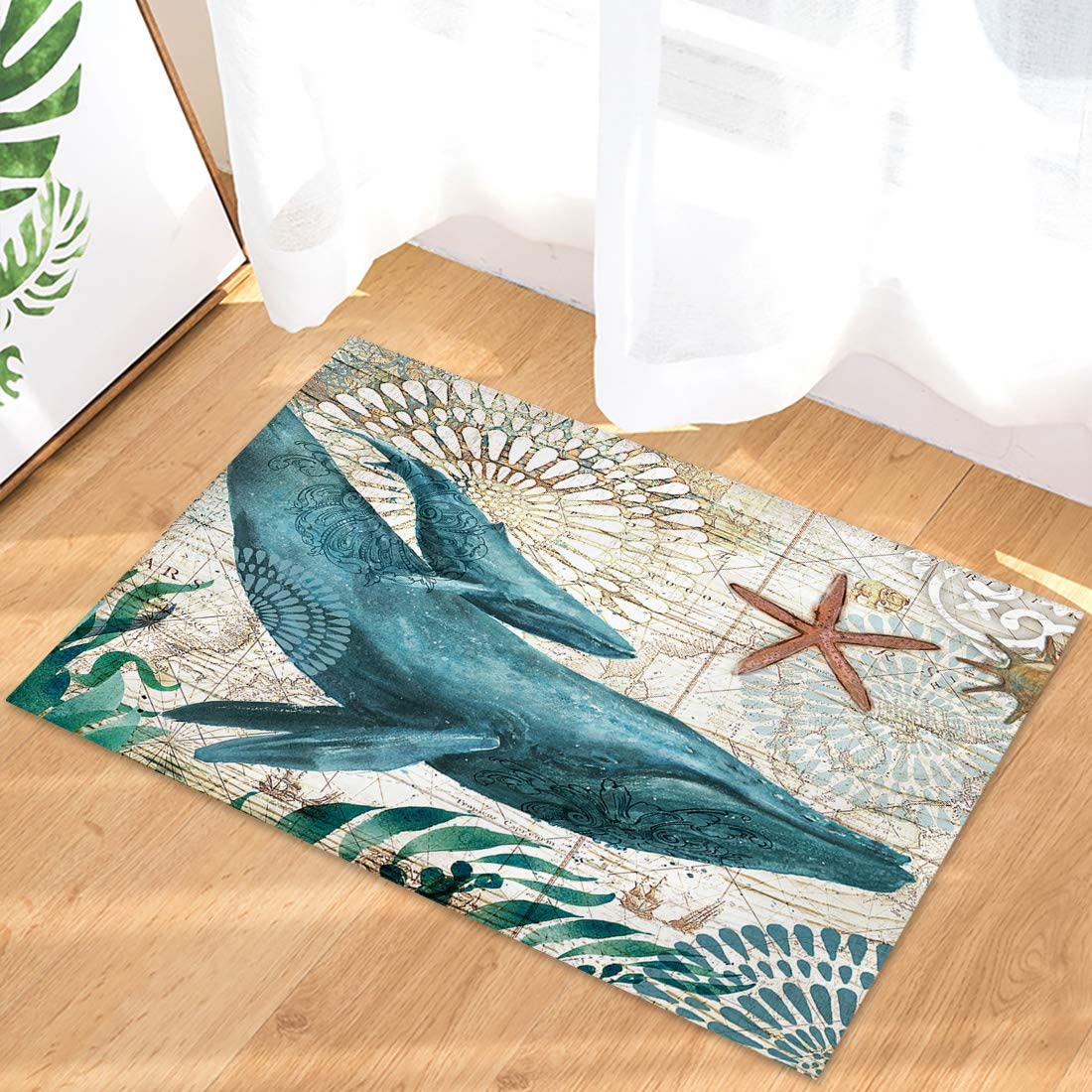 Watercolor Ocean Whale Entrance Floor Mat Personalized Doormat Sea