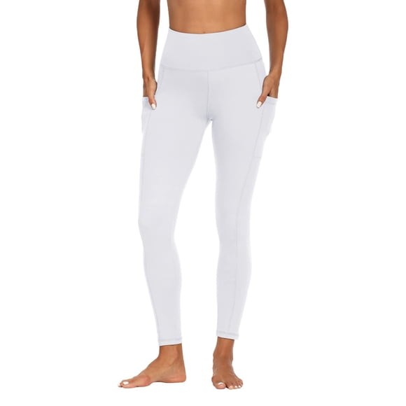 LOVZFMLL Women's Leggings, Solid Color Pocket Yoga Pants Soft Tummy Control High Elastic Slim High Waist White, S