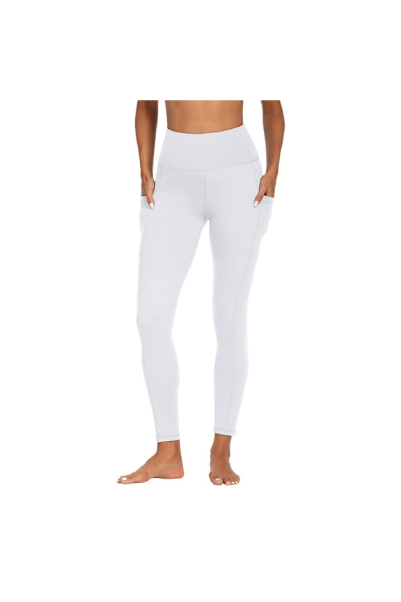 Yoga Pants Women Leggings Stretchy High Waist Belly Control Workout Trousers Pocket Solid Color Trendy Tights Slim Fit Daily Running Jogger White