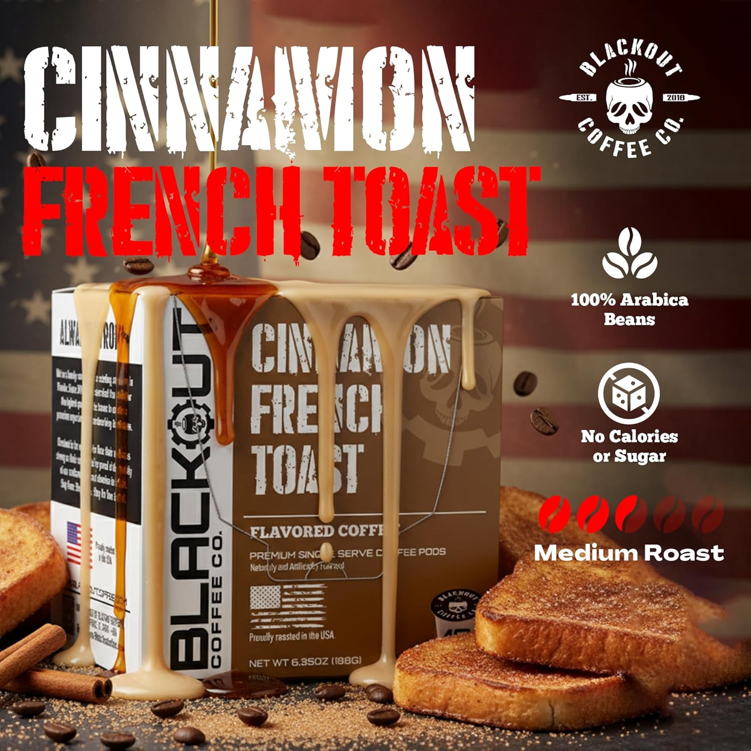 Blackout Coffee Cinnamon French Toast Flavored Coffee Pods – Compatible, Smooth Taste, Indulgent Flavor – Freshly Roasted 18 Count.