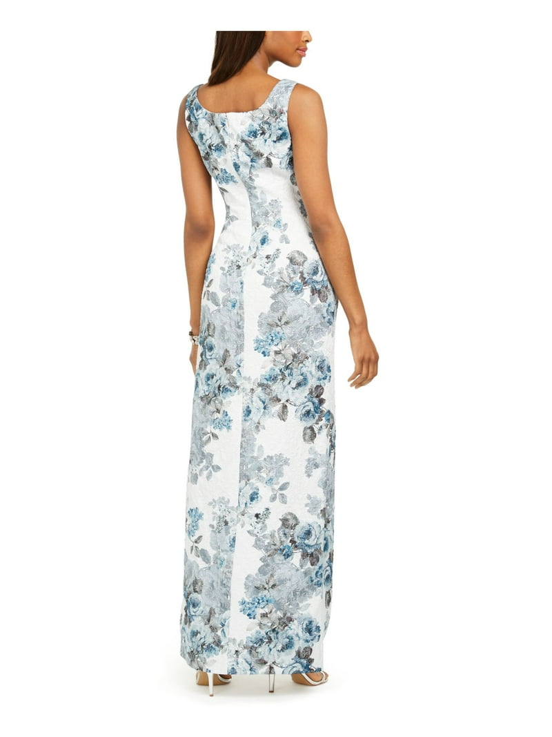 white and blue dresses Open-Back Blue Floral-Print Long White Lace Prom Dress Blue/Print / 6