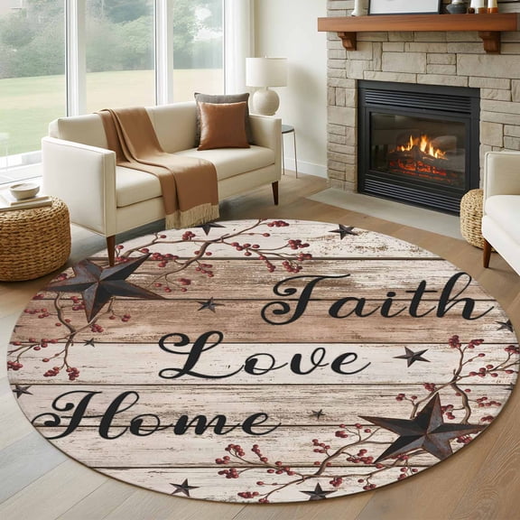 Round Area Rug 8 Ft, Rustic Star Brown Washable Non-Slip Circle Carpet for Living Room/Bedroom, Vintage Plants Berry Wooden Grain Collection Low-Profile Large Area Rugs for Indoor