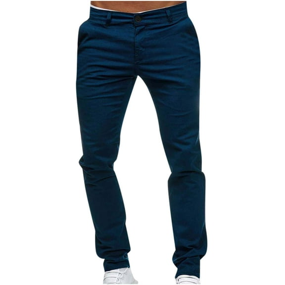 UTTOASFAY Mens Pants Men'S Casual Button Open Slim Fit Straight Solid Color Trousers Navy 8(L)