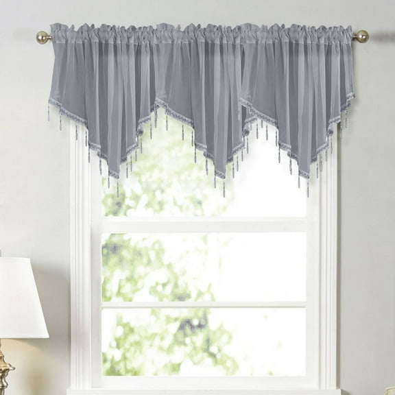 HCBY Lace Valance Swag Curtain 51 Inch Scalloped Sheer Curtain Panels with Crystal Beads - Rod Pocket Farmhouse Window Treatment for Kitchen Bedroom 1pc Boho Chic Drape Decor Gray