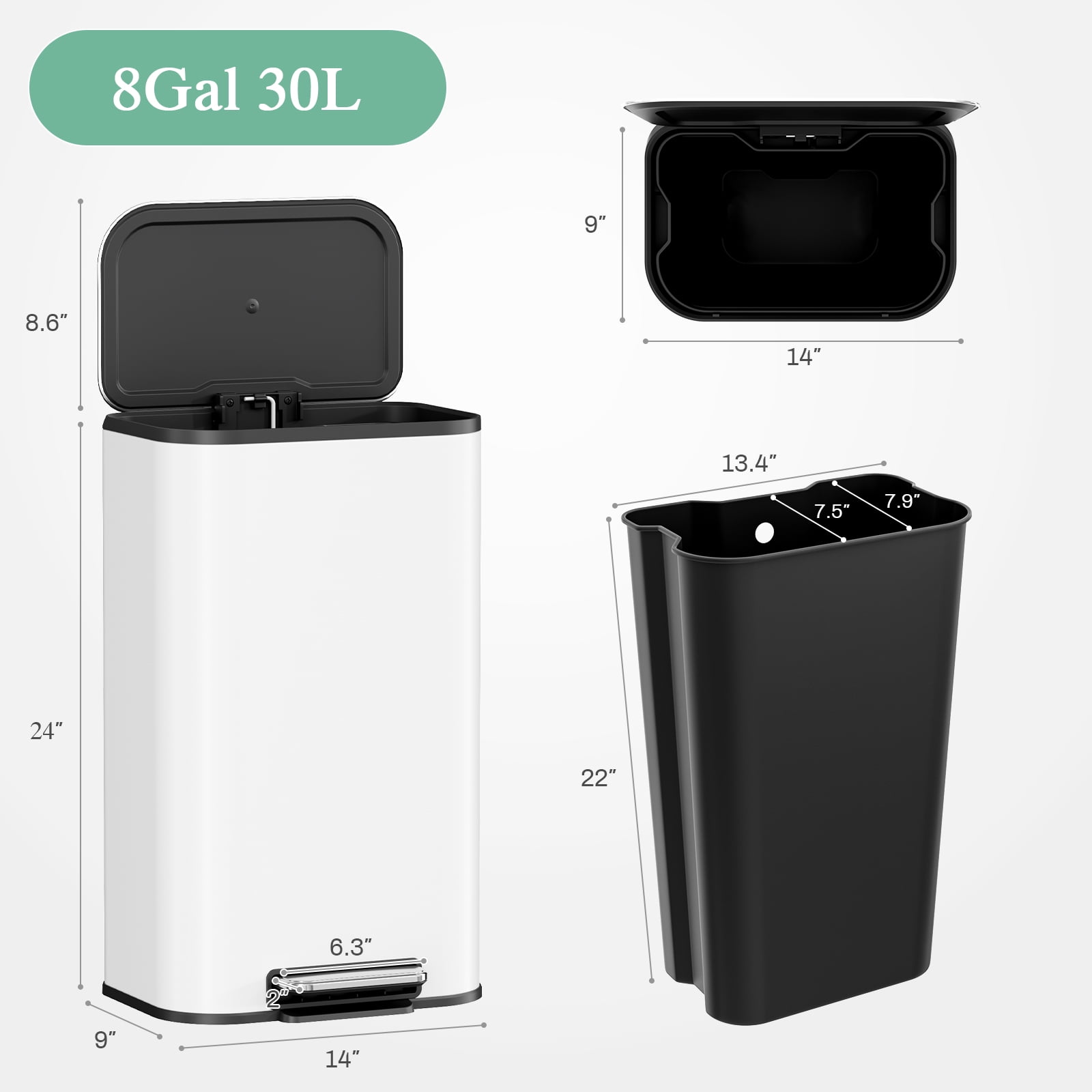 Arlopu 8 Gallon Step Kitchen Trash Can with Soft-Close Lid & Handle, Stainless Steel Garbage Bin w/ Removable Inner Bucket & Foot Pedal for Bathroom Kitchen Office