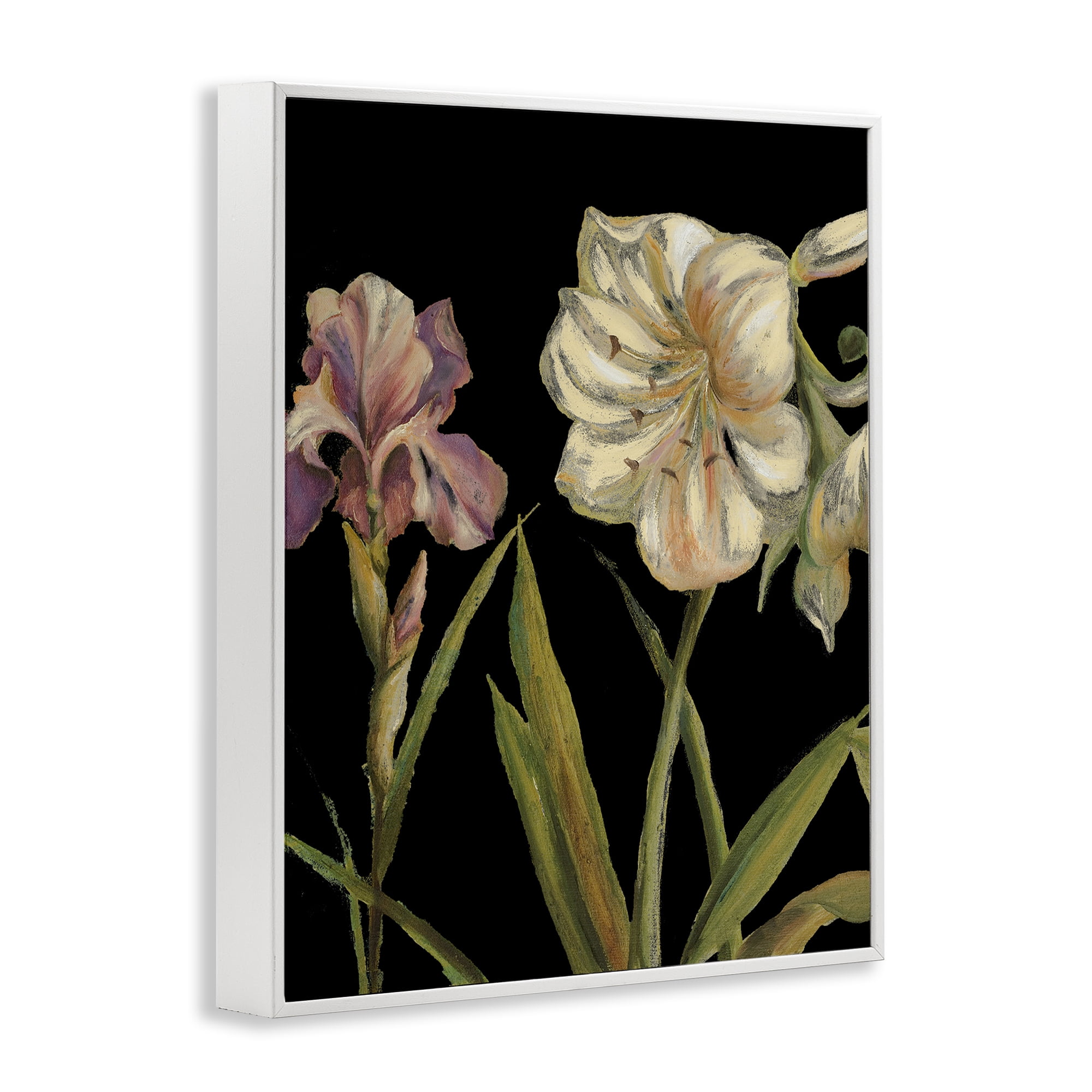 Stupell Industries Iris Flowers on Black Botanical & Floral Painting White Framed Art Print Wall Art, 24 x 30