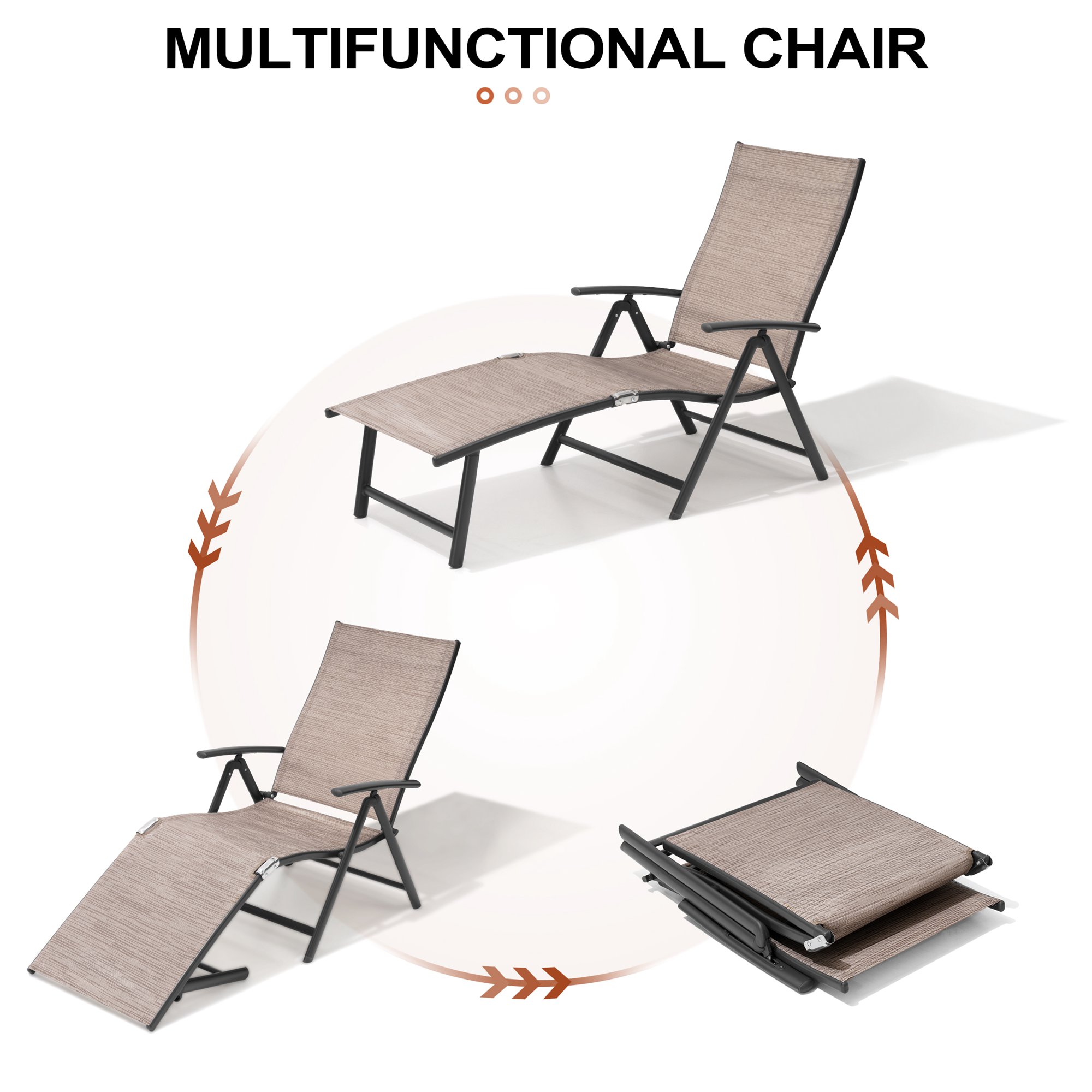 Crestlive Products 2PCS Espresso Outdoor Chaise Lounge Chairs Aluminum Folding Recliners