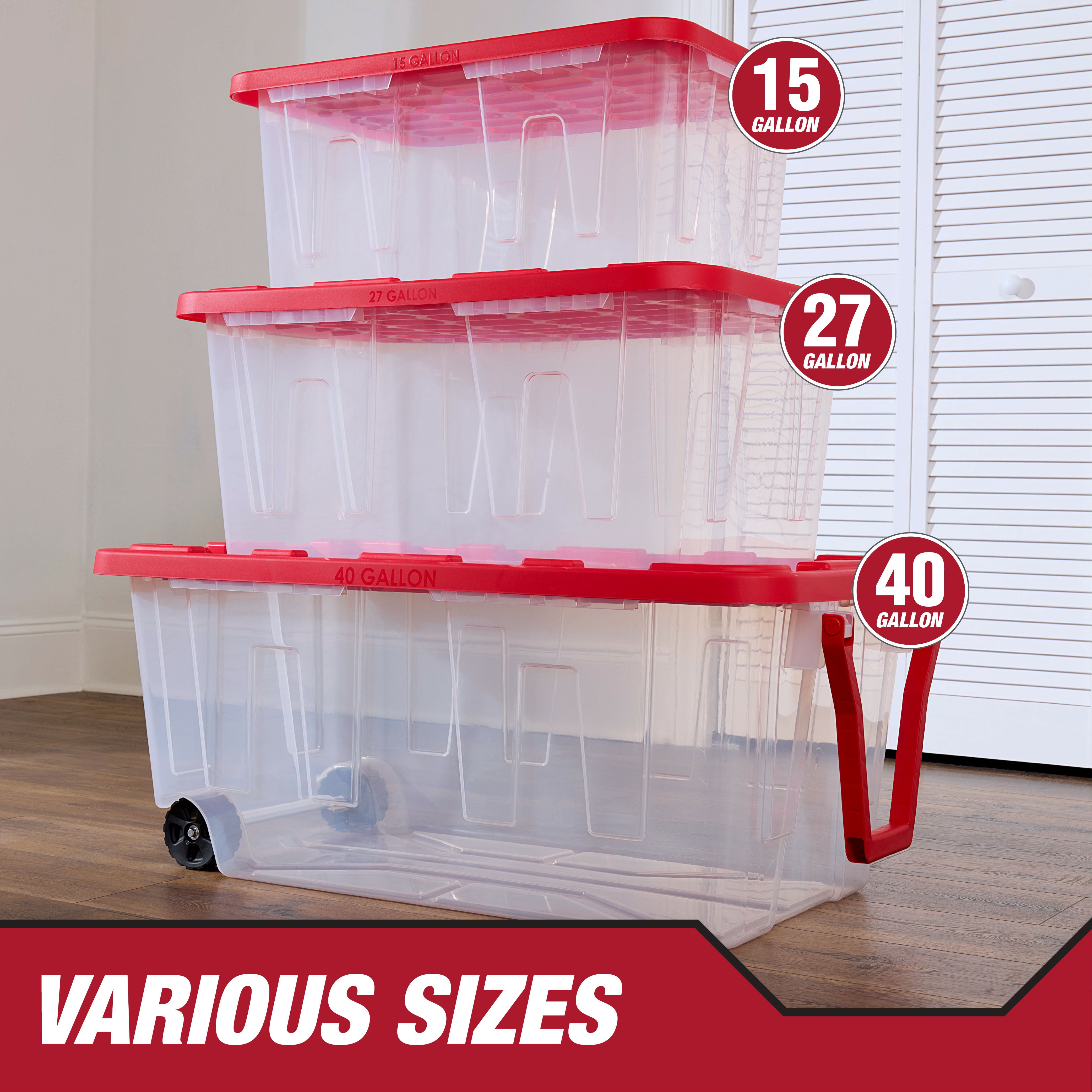 (Pack of 4) Hyper Tough 15 Gallon Clear Storage Bin with Red Snap Lid, Heavy Duty Plastic Storage Container
