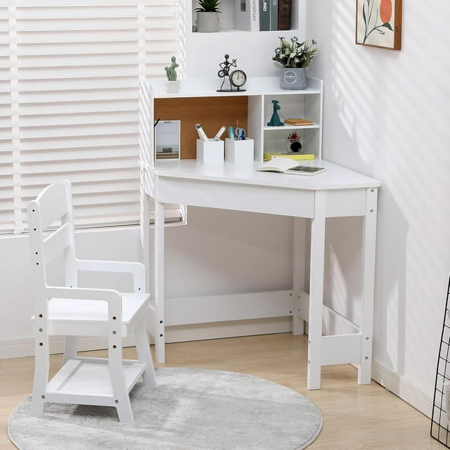 Twister.CK Ensemble de Bureau et Chaise d'Étude pour Enfants, Table d'Angle en Bois avec Chaise Réglable, Huche, Plateau en Liège, Porte-Stylo, Table Compacte pour Devoirs d'Enfants, Ensemble de Bureau pour Étudiant