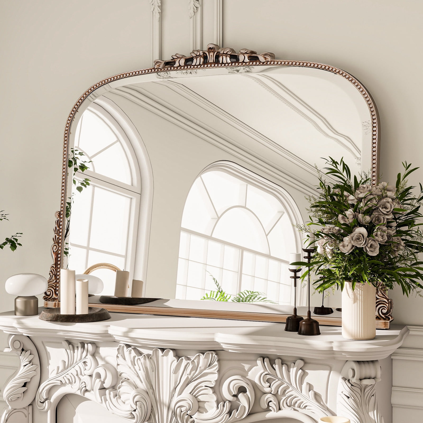 GRAHMCY 44"x 32" Bathroom Mirror Arched Vanity Mirror Decor Wall Mirror Vintage Mirror, Antique Silver