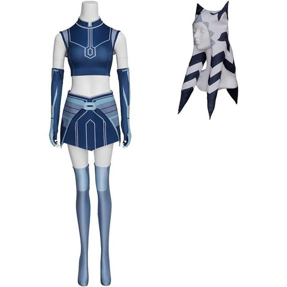 Ahsoka Tano Blue Battle Suit Outfit with Crop Top and Mini Skirt Full Set for Women Party or Stage Events