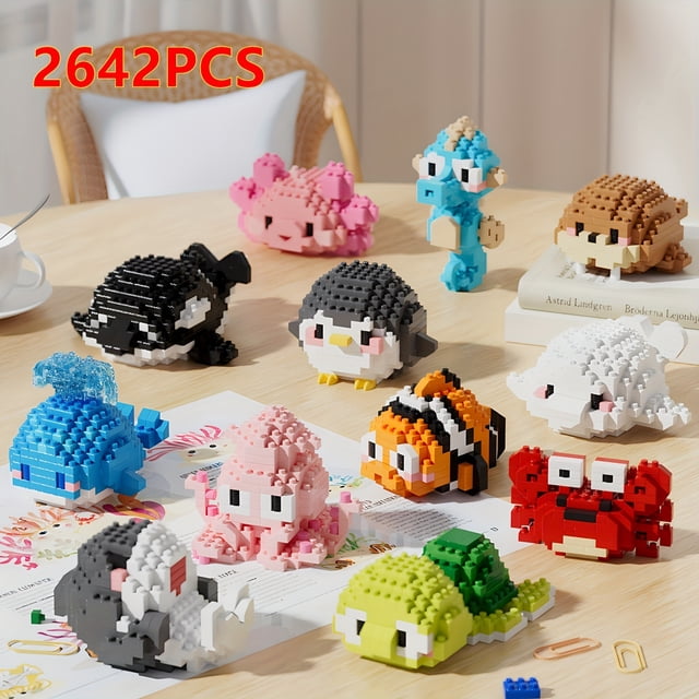 12 Types de Blocs de Construction d'Animaux Marins, 2642 Pcs de Micro-Particules à Assembler Modèles d'Animaux, Jouets Éducatifs