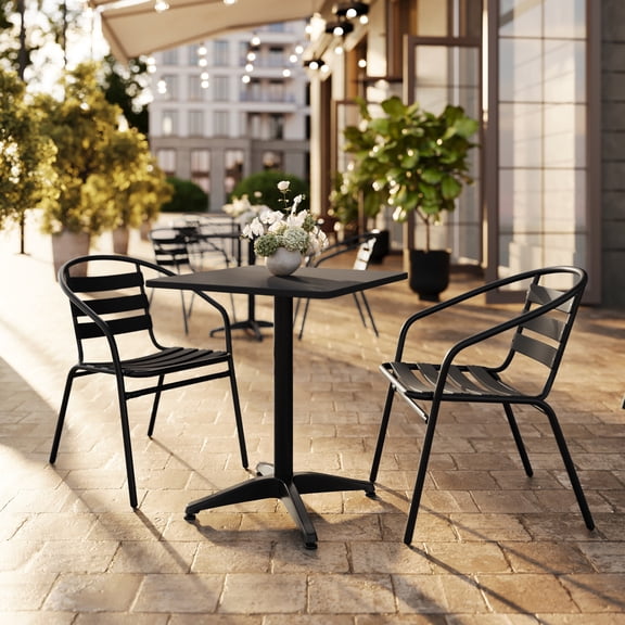 BizChair 23.5'' Black Square Aluminum Indoor-Outdoor Table Set with 2 Black Slat Back Chairs