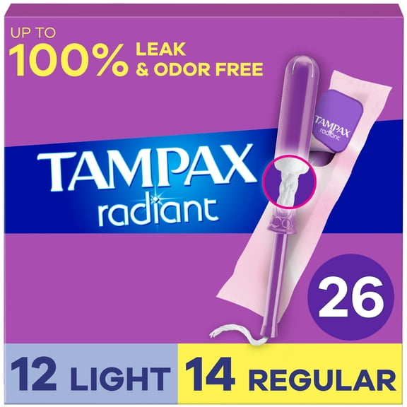 Tampax Radiant Tampons Multipack, with LeakGuard Braid, Light/Regular, 26 Count